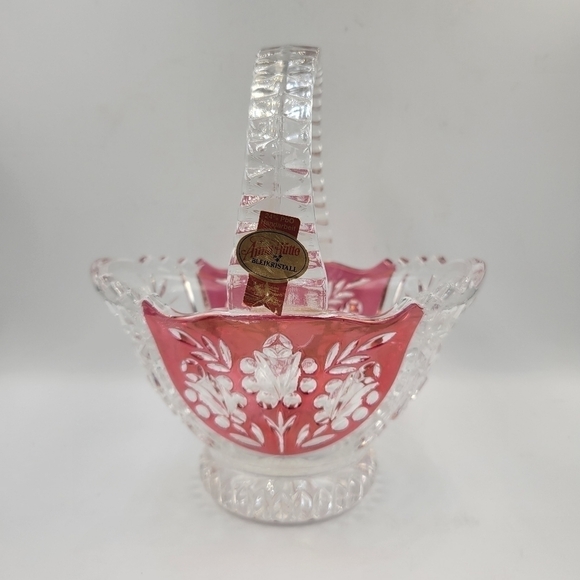 Anna Hütte Bleikristall German Lead Crystal Basket Candy Dish Cut Red Clear Vtg - Picture 1 of 6